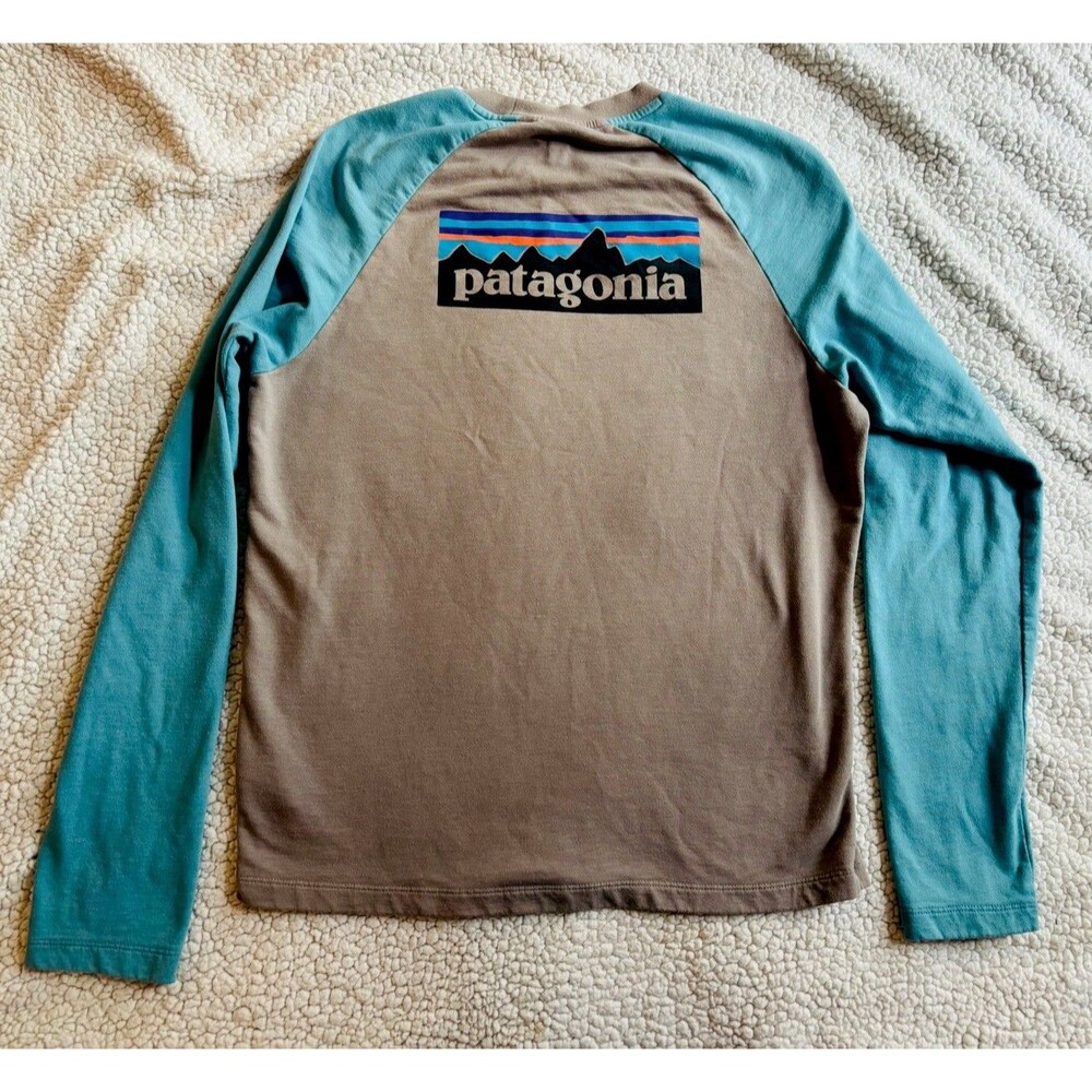 Patagonia Men’s M P-6 Logo Organic Cotton Raglan Sweatshirt Teal Brown Stained